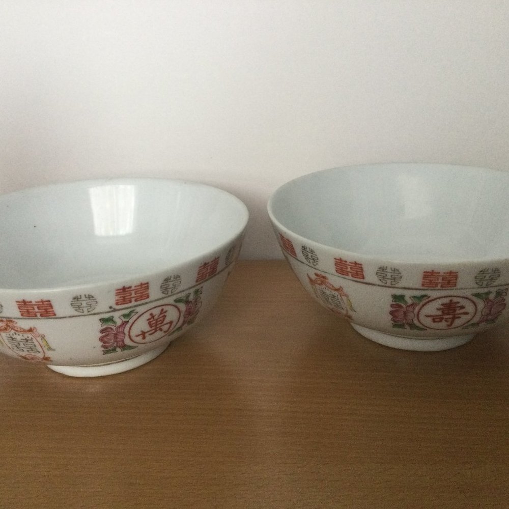 2 vintage Chinese porcelain big bowls soup bowls longevity double happiness